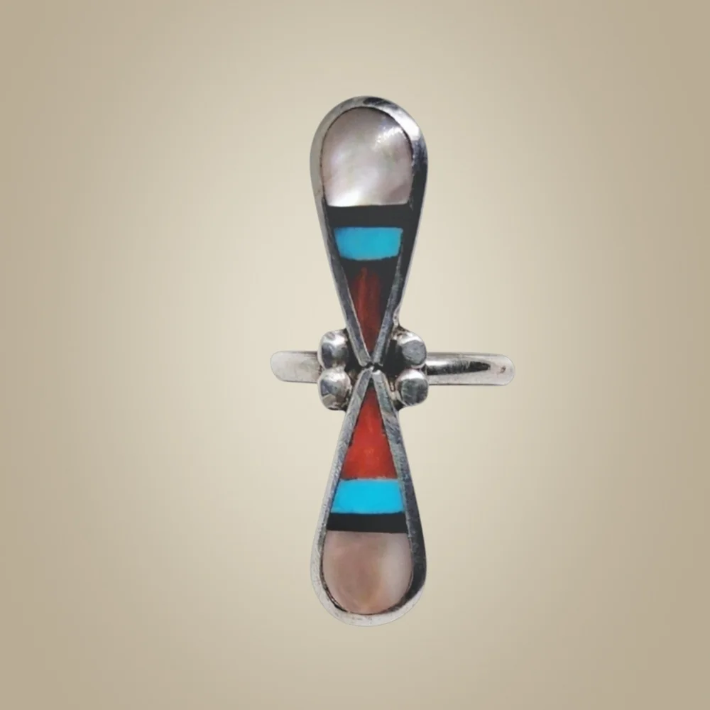 Zuni Sterling Silver Inlay Ring w/MOP, Coral, Turquoise & Onyx – Size 5.25